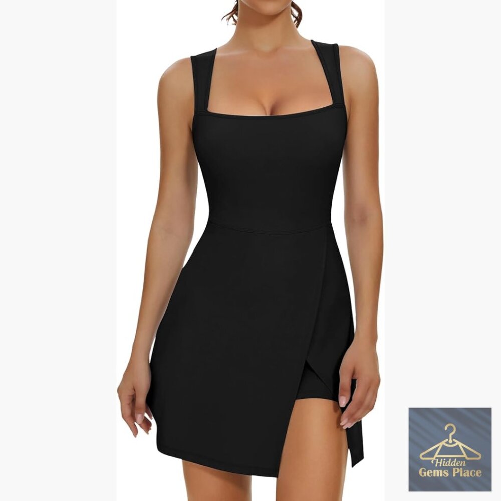 Slim Fit Tennis Dress with Built-in Shorts, Square Neck, Side Slit